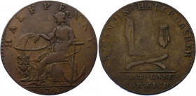 Great Britain Norfolk Norwich Robert Campin 1/2 Penny Token 1793
DH# 21; Copper 9.89g.; Obv: R + CAMPIN + HABERDASHER around, GOAT + LANE + NORWICH i...
