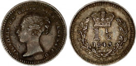 Great Britain 1-1/2 Pence 1843
KM# 728; Sp# 3915; N# 13826; Silver; Victoria; Colonial Issue; XF Toned.