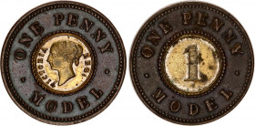 Great Britain 1 Penny 1844 (ND) Model Coinage
N# 137951; Bimetallic: brass centre in copper ring 3.84 g., 22.2 mm.; Victoria; XF+.