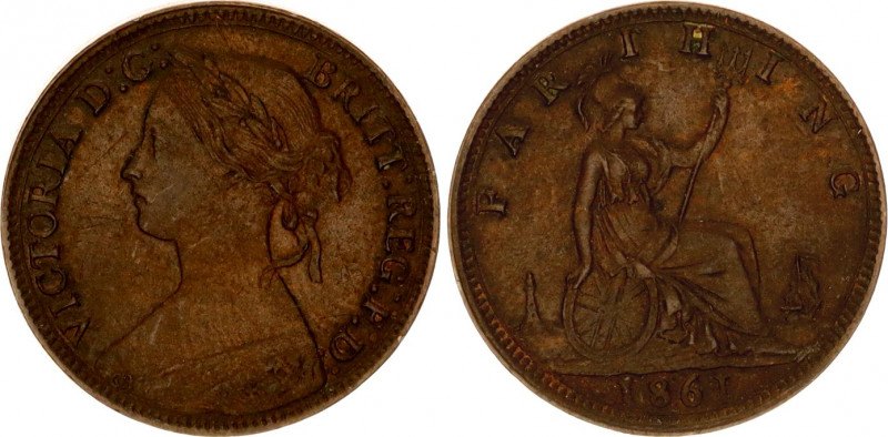 Great Britain 1 Farthing 1861
KM# 747, Sp# 3958; N# 5500; Bronze; Victoria (183...