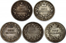 Great Britain 5 x 1 Shilling 1860 - 1874
Silver; Various Dates & Condition; Victoria.