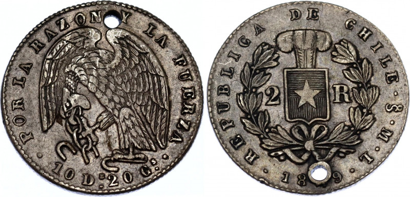 Chile 2 Reales 1849 So ML
KM# 100.2; N# 27141; Silver; XF, holed.