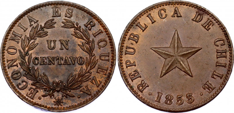 Chile 1 Centavo 1853 
KM# 127; N# 10638; Copper; XF+.