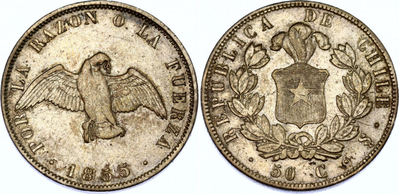 Chile 50 Centavos 1855 So
KM# 128; N# 56298; Silver; VF/XF.