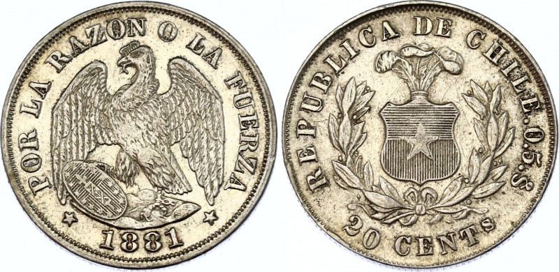 Chile 20 Centavos 1881 So
KM# 138.2; Without dash below "S" in "CENTs"; Silver;...