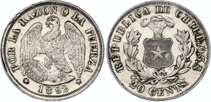 Chile 20 Centavos 1892 Overstrike
KM# 138, N# 27165; Silver; UNC-.