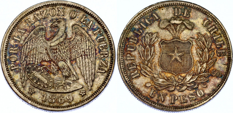 Chile 1 Peso 1869 So
KM# 142.1; N# 4323; Silver; XF+, nice toning.