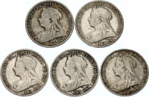 Great Britain 5 x 1 Shilling 1893 - 1900
KM# 780, N# 7172; Silver; Various Dates & Condition; Victoria.