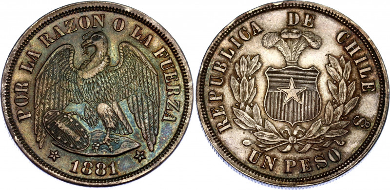 Chile 1 Peso 1881 So
KM# 142.1; N# 4323; Silver; AUNC, nice toning.