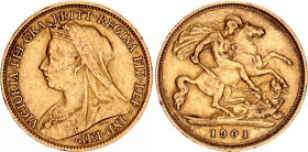 Great Britain 1/2 Sovereign 1901
KM# 784; Sp# 3878; N# 13219; Gold (.917) 3.95 g.; Victoria; VF.