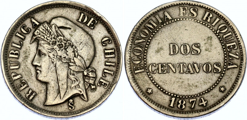 Chile 2 Centavos 1874 So
KM# 147; N# 6711; Copper-nickel; XF.