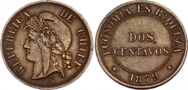 Chile 2 Centavos 1879 So Doubled Strike
KM# 147a; N# 14975; Copper; XF.