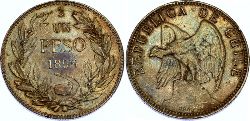 Chile 1 Peso 1895 So
KM# 152.1; N# 28033; Silver; XF+, with nice toning.