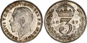 Great Britain 3 Pence 1917
KM# 813; Sp# 4015; N# 21182; Silver; George V; Mint: London; AUNC Toned.