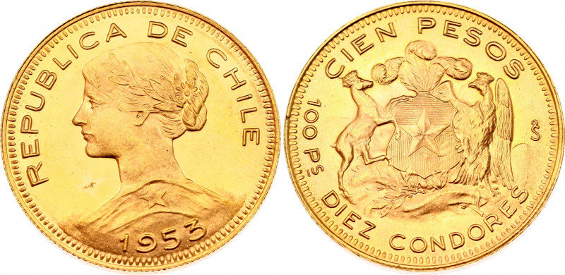 Chile 100 Pesos 1953 So
KM# 175; N# 34941; Gold (.900) 20.34 g.; UNC.