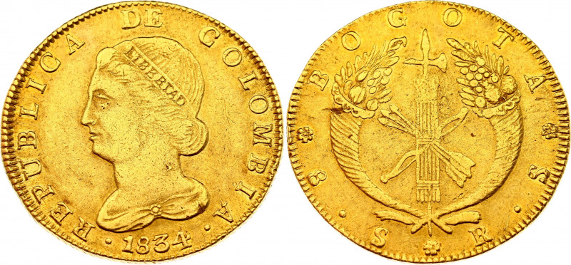 Colombia 8 Escudos 1834 RS
KM# 82.1; N# 48295; Gold (.875) 27.07 g.; Mint: Bogo...