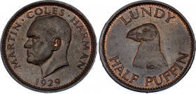 Great Britain Lundy 1/2 Puffin 1929
X# Tn1; Sp# 7851; Schön# 1; N# 18004; Bronze; Martin Coles Harman; Mintage 50'000; UNC Toned.