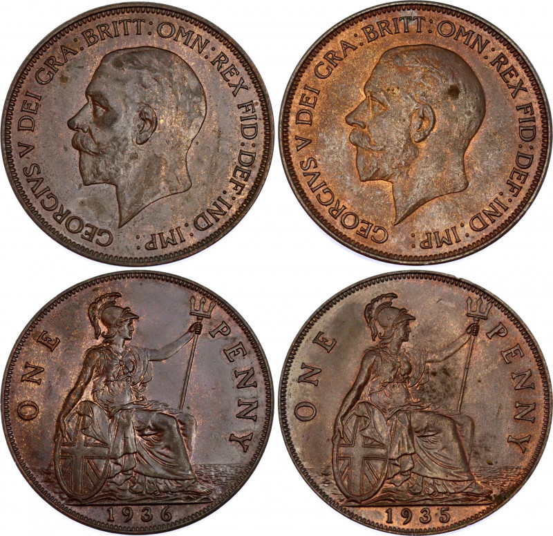 Great Britain 2 x 1 Penny 1935 - 1936
KM# 838; Sp# 4055; N# 5985; Bronze; Georg...