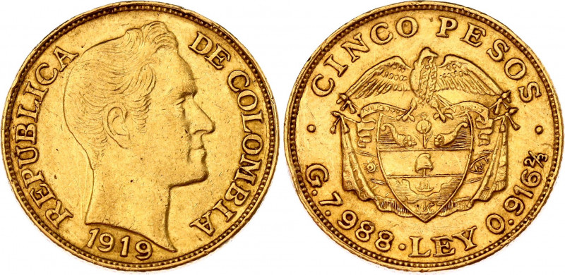 Colombia 5 Pesos 1919
KM# 201; N# 48320; Gold (.917) 7.99 g.; XF.