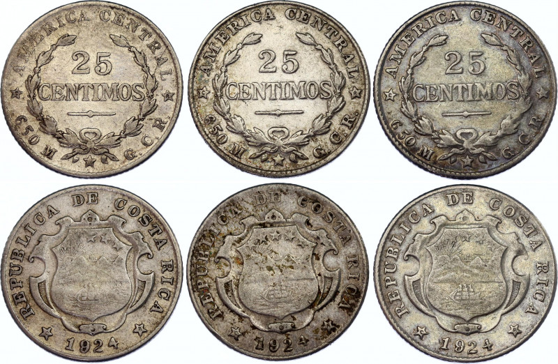 Costa Rica 3 x 25 Centavos 1924 
KM# 128, N# 8734; Silver; VF.