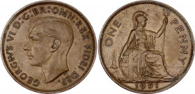 Great Britain 1 Penny 1951
KM# 869; Sp# 4117; N# 7604; Bronze; George VI; Mintage 120'000; XF.