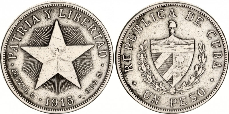 Cuba 1 Peso 1915
KM# 15.1; Y# 9; N# 9263; Silver; Mint: Philadelphia; XF.