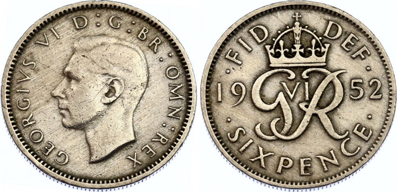 Great Britain 6 Pence 1952
KM# 875; Sp# 4110; N# 877; Copper-Nickel; George VI;...