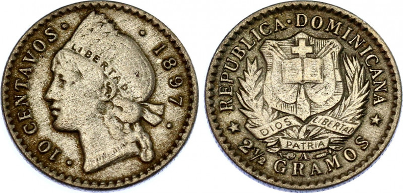 Dominican Republic 10 Centavos 1897 A
KM# 13; N# 3000; Silver; XF+, weak strike...