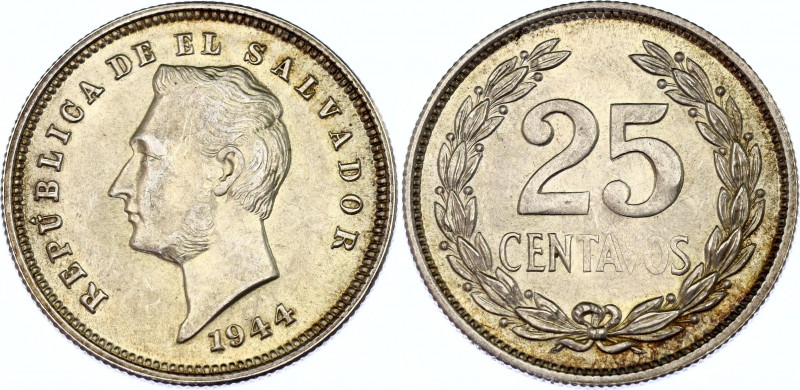 El Salvador 25 Centavos 1944 (1945)
KM# 136, N# 24710; Silver; UNC.