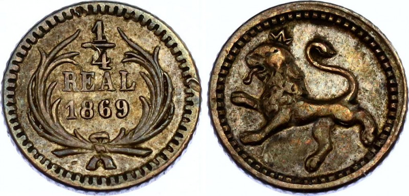 Guatemala 1/4 Real 1869 
KM# 130; N# 26091; Silver; XF/AUNC, nice toning.