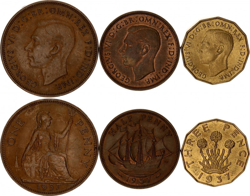 Great Britain Lot of 3 Coins 1937
KM# 844-845-849; Bronze & Nickel Brass; Edwar...