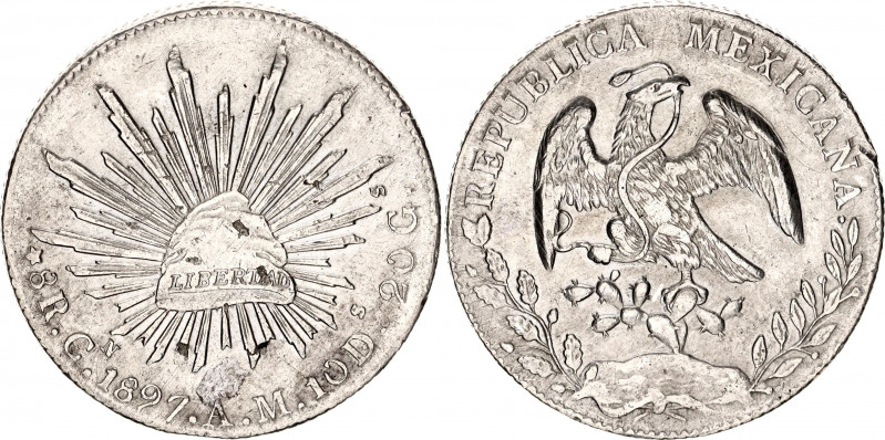 Mexico 8 Reals 1897 Cn AM
KM# 377.3; N# 7394; Silver 27.13 g.; XF+.