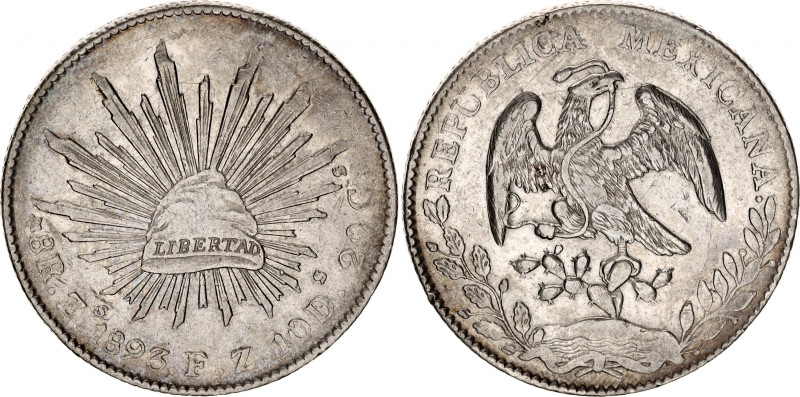 Mexico 8 Reals 1893 Zs FZ
KM# 377.13; N# 7394; Silver 26.94 g.; XF.