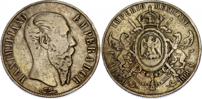 Mexico 1 Peso 1866 Mo
KM# 388.1; N# 7989; Silver; Maximilian I; VF.