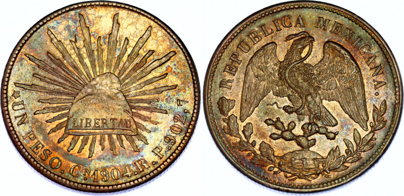 Mexico 1 Peso 1904 Cn RP
KM# 409; N# 11588; Silver; XF+, nice toning.