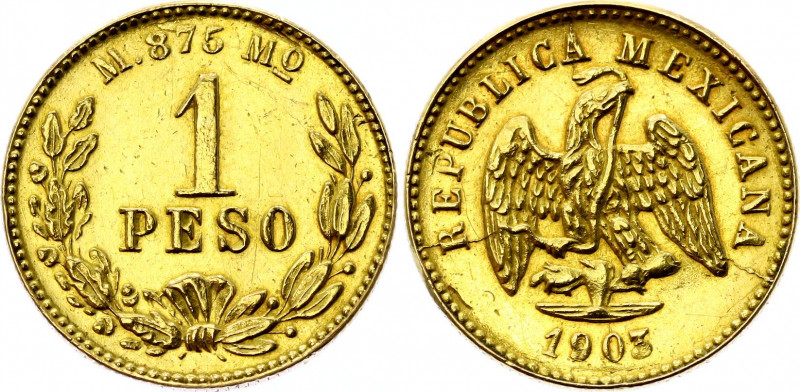 Mexico 1 Peso 1903
KM# 410.5; Gold (.875) 1.69 g..; Obv: Facing eagle, snake in...