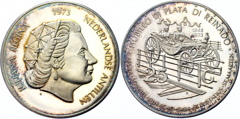 Netherlands Antilles 25 Gulden 1973
KM# 14; Silver., Proof; Juliana - 25 Years ...