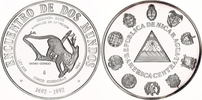 Nicaragua 5 Cordobas 1994 
KM# 86, N# 34412; Silver., Proof; Ibero-American Ser...