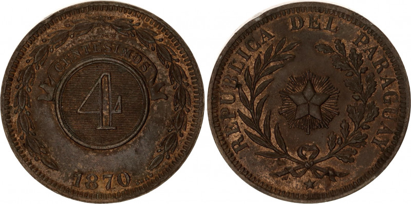 Paraguay 4 Centesimos 1870
KM# 4; N# 18345; Copper; NIce luster; AUNC.