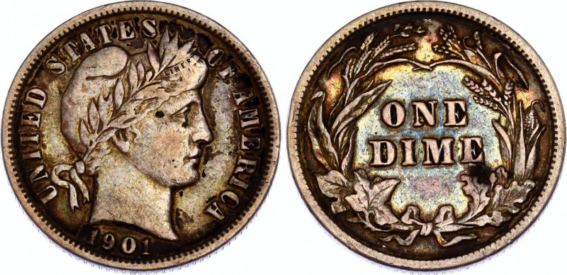 United States 10 Cents 1901
KM# 113; Schön# 120; N# 5830; Silver; "Barber Dime"...