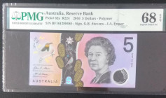 Australia, 5 Dollars, 2016, UNC, p62a
UNC
PMG 68 EPQ, High Condition , Queen Elizabeth II portrait, Polymer banknote
Estimate: USD 30-60