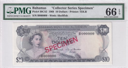 Bahamas, 10 Dollars, 1968, UNC, p30CS2, SPECIMEN
UNC
PMG 66 EPQ, Queen Elizabeth II. Potrait, 'Collector Series Specimen''
Estimate: USD 500-1000