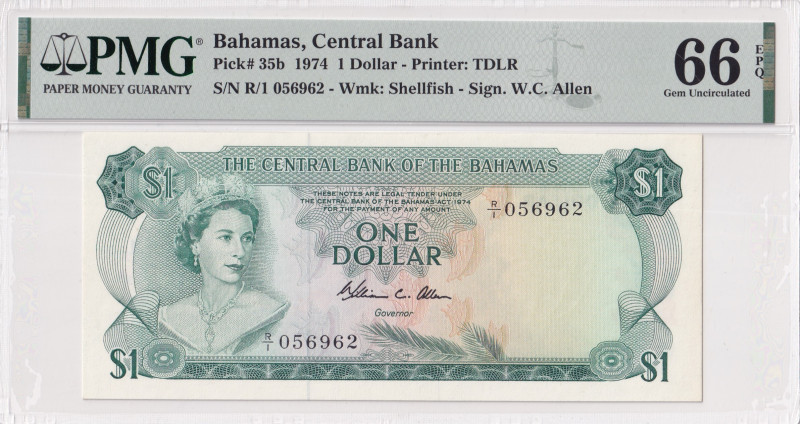 Bahamas, 1 Dollar, 1974, UNC, p35b
UNC
PMG 66 EPQ, Queen Elizabeth II. Potrait...