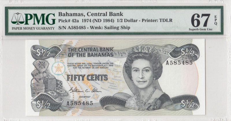 Bahamas, 1/2 Dollar, 1974, UNC, p42a
UNC
PMG 67 EPQ, High condition 
Estimate...