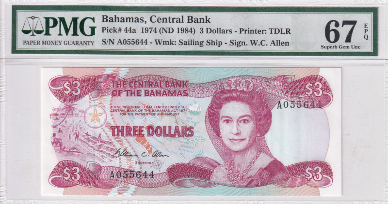 Bahamas, 3 Dollars, 1984, UNC, p44a
UNC
PMG 67 EPQ, High condition , Queen Eli...