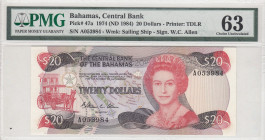 Bahamas, 20 Dollars, 1984, UNC, p47a
UNC
PMG 63, Queen Elizabeth II. Potrait
Estimate: USD 300-600