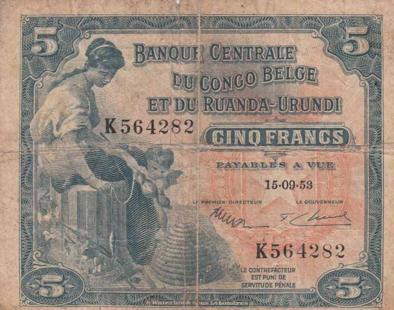 Belgian Congo, 5 Francs, 1952, FINE, p21
FINE
There are stains and split
Esti...