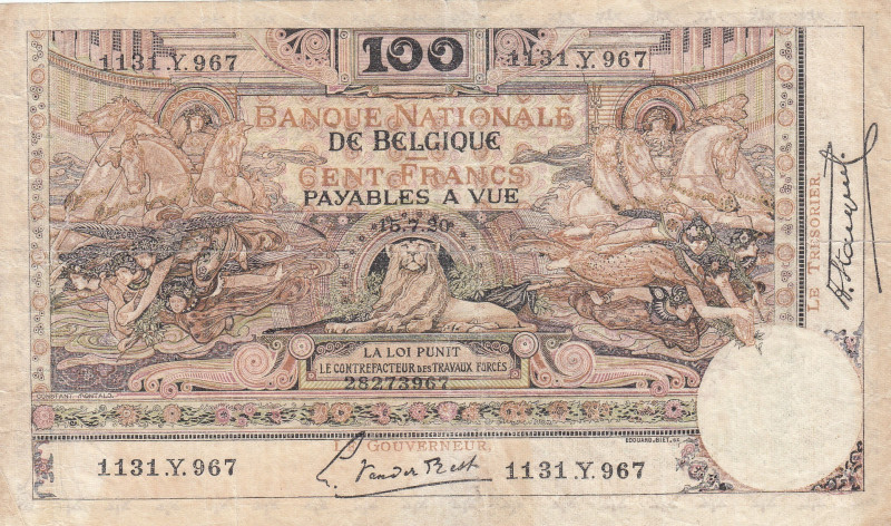 Belgium, 100 Francs, 1920, FINE(+), p78
FINE(+)
There are large tears, Split, ...