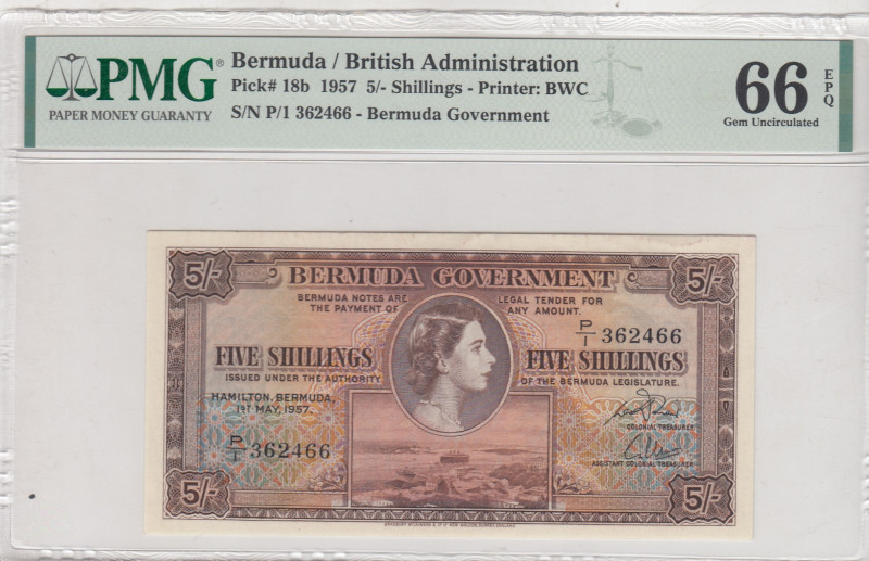 Bermuda, 5 Shillings, 1957, UNC, p18b
UNC
PMG 66 EPQ, Queen Elizabeth II. Potr...