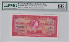 Bermuda, 10 Shillings, 1957, UNC, p19b
UNC
PMG 66 EPQ, Queen Elizabeth II. Potrait
Estimate: USD 200-400